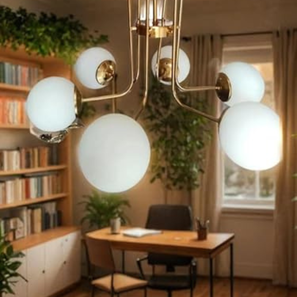 Homes Elite 6-Light Modern Globe Chandelier – Curved Gold Arms with White Frosted Glass Shades