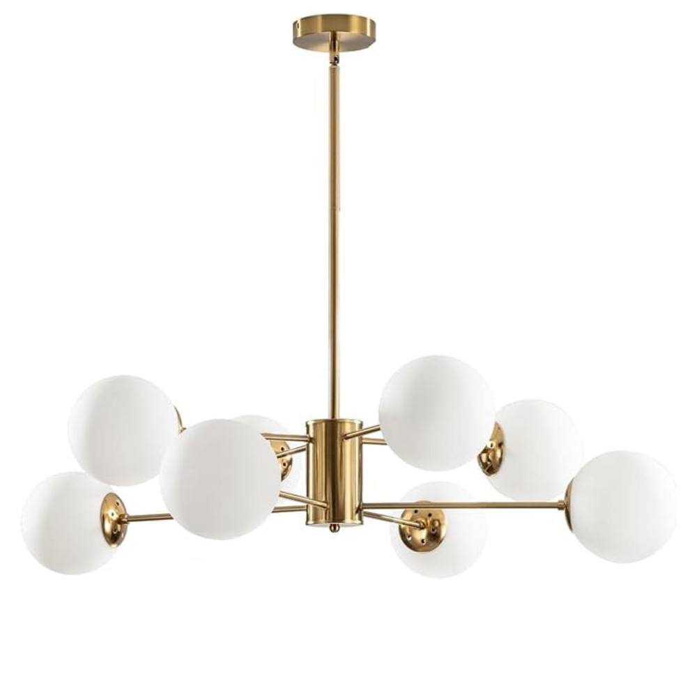 Homes Elite 8-Light Mid-Century Globe Chandelier – Gold Finish with White Glass Shades for Living & Dining Room