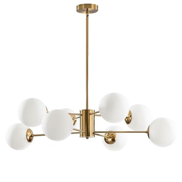 Homes Elite 8-Light Mid-Century Globe Chandelier – Gold Finish with White Glass Shades for Living & Dining Room