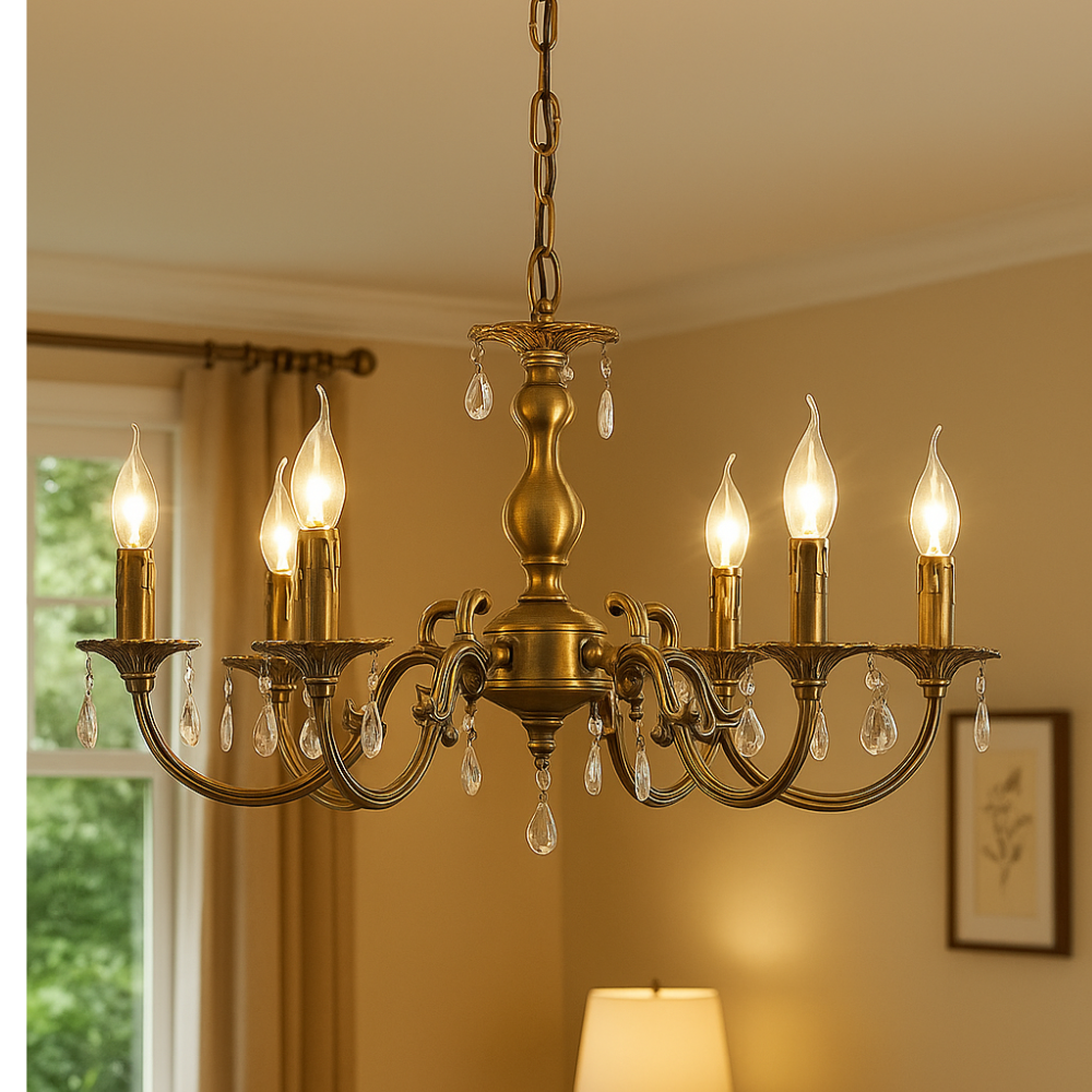 Homes Elite Antique Brass 5-Light Chandelier – Classic Crystal Drop Ceiling Light for Living Room & Dining