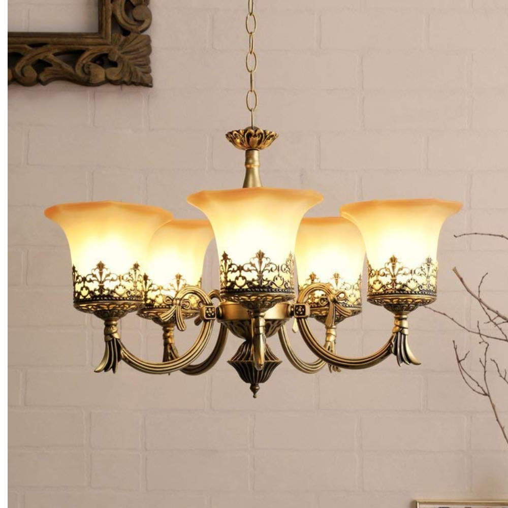 Homes Elite 6-Light Vintage Brass Chandelier – Frosted Glass Shades with Floral Filigree for Living & Dining Room