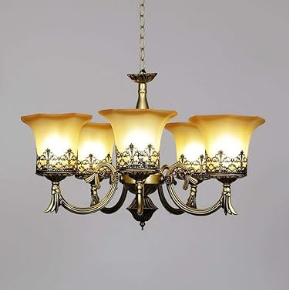 Homes Elite 6-Light Vintage Brass Chandelier – Frosted Glass Shades with Floral Filigree for Living & Dining Room
