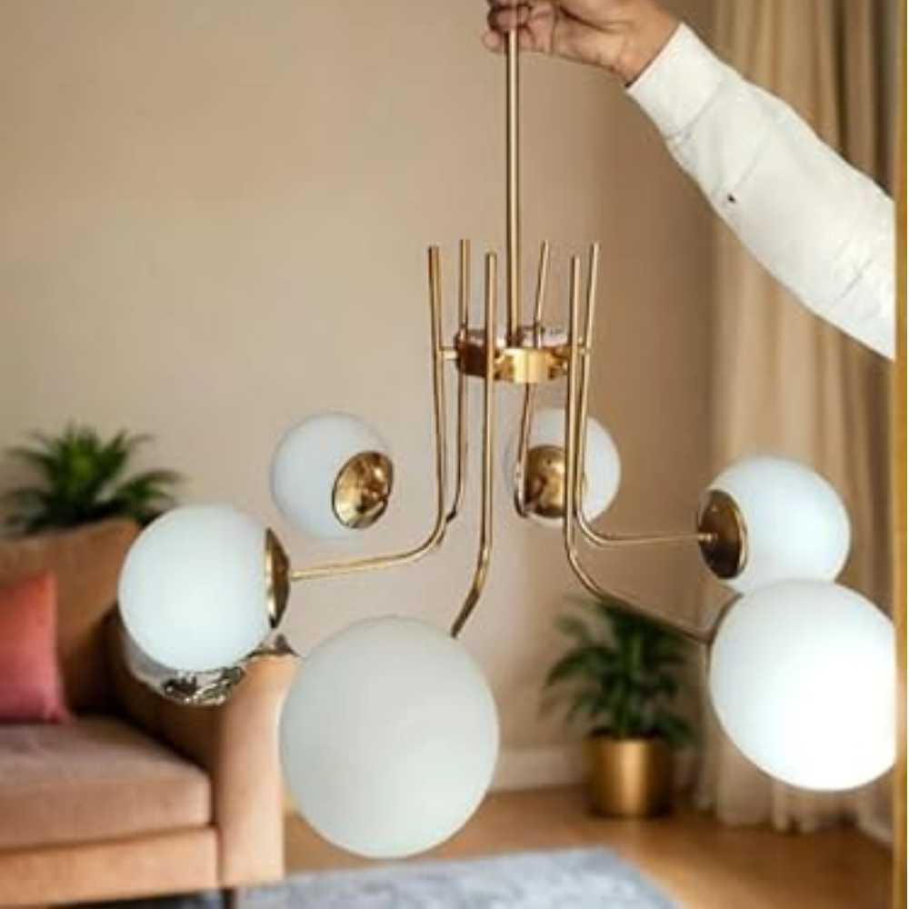 Homes Elite 6-Light Modern Globe Chandelier – Curved Gold Arms with White Frosted Glass Shades