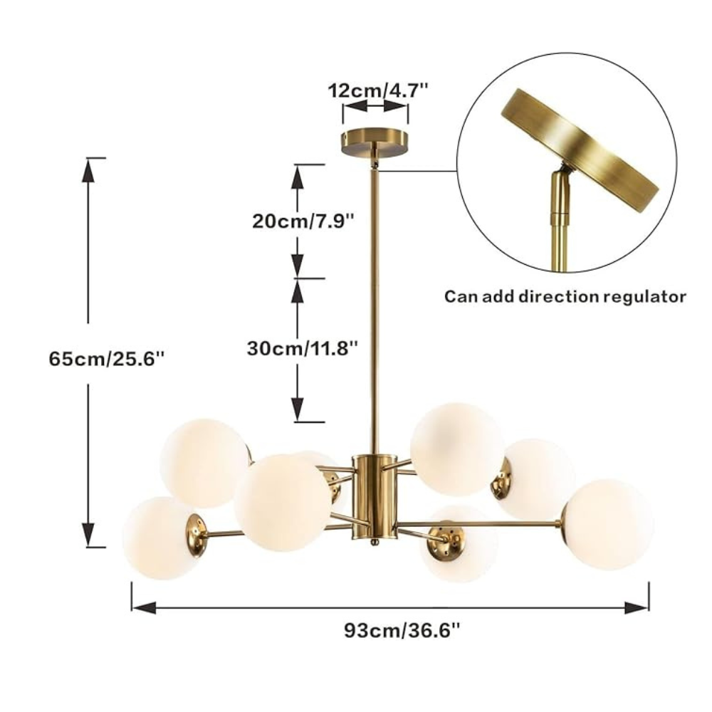 Homes Elite 8-Light Mid-Century Globe Chandelier – Gold Finish with White Glass Shades for Living & Dining Room
