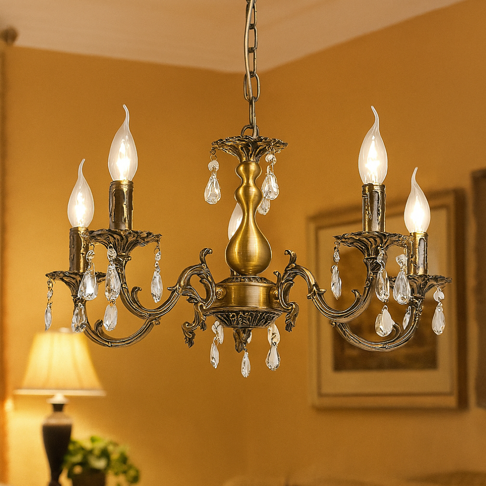 Homes Elite Antique Brass 5-Light Chandelier – Classic Crystal Drop Ceiling Light for Living Room & Dining