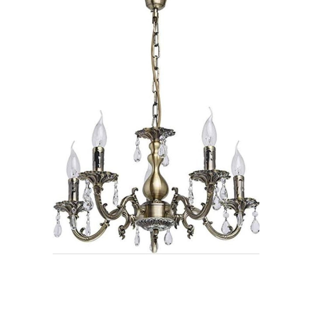 Homes Elite Antique Brass 5-Light Chandelier – Classic Crystal Drop Ceiling Light for Living Room & Dining