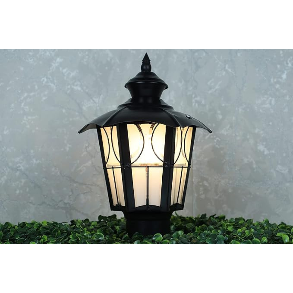 Homes Elite Outdoor Gate Light – Waterproof Retro Pillar Lamp with Metal & Glass Shade for Villa, Courtyard, or Entry (B22 Holder, Bulb Not Included)