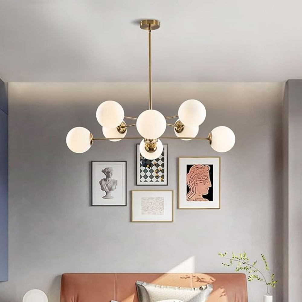 Homes Elite 8-Light Mid-Century Globe Chandelier – Gold Finish with White Glass Shades for Living & Dining Room