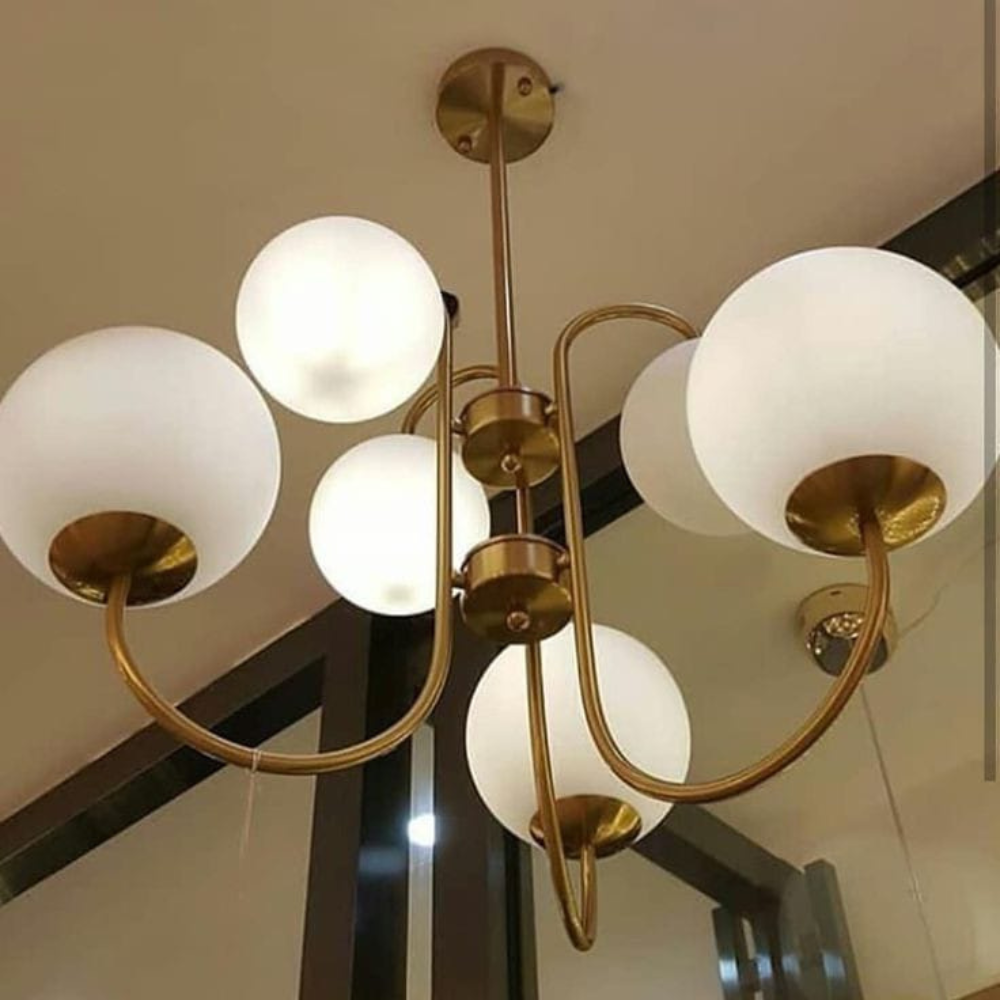 Homes Elite 6-Light Modern Globe Chandelier – Curved Gold Arms with White Frosted Glass Shades