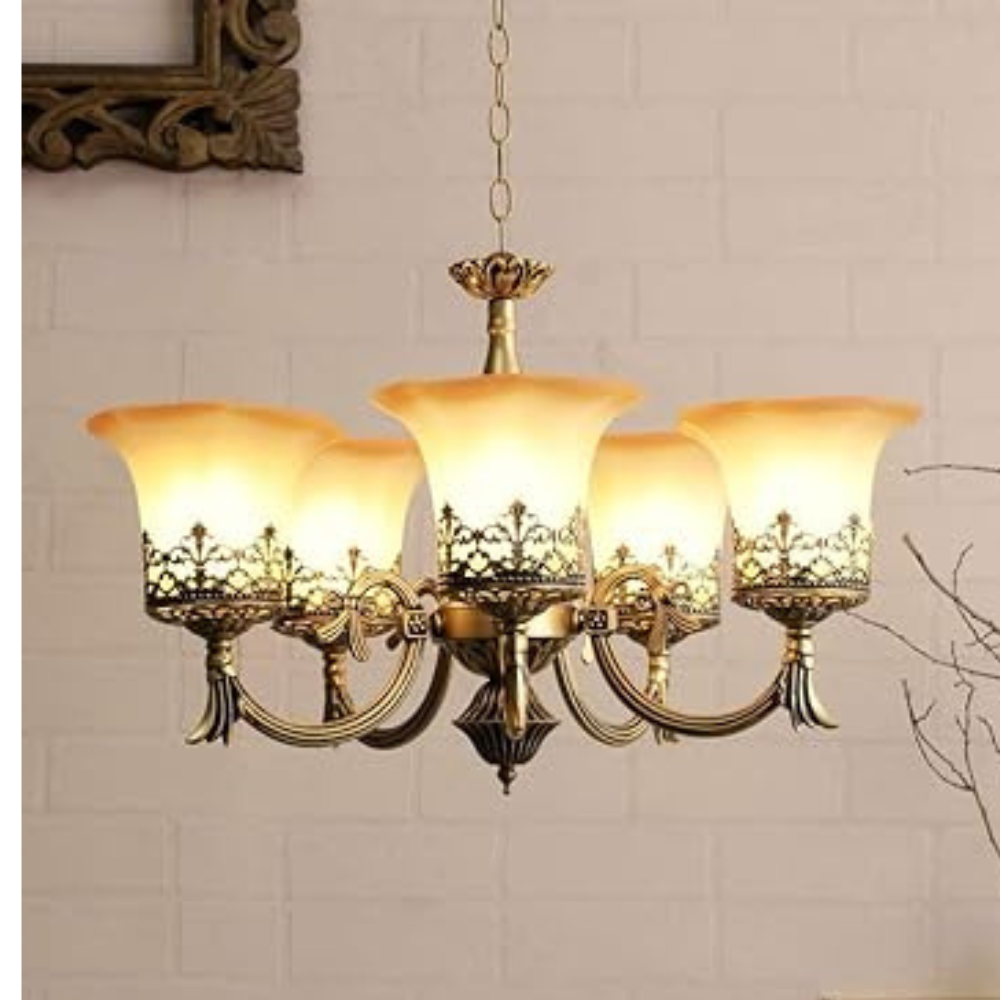 Homes Elite 6-Light Vintage Brass Chandelier – Frosted Glass Shades with Floral Filigree for Living & Dining Room