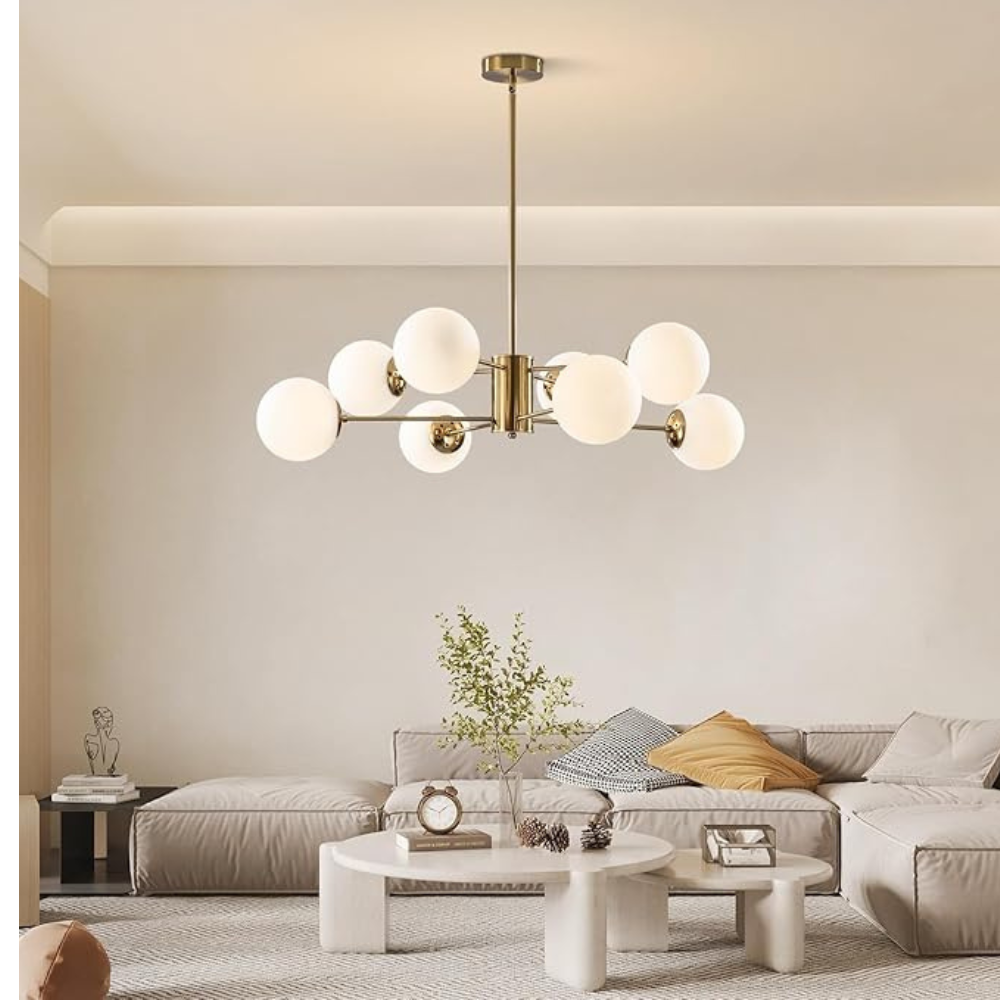 Homes Elite 8-Light Mid-Century Globe Chandelier – Gold Finish with White Glass Shades for Living & Dining Room