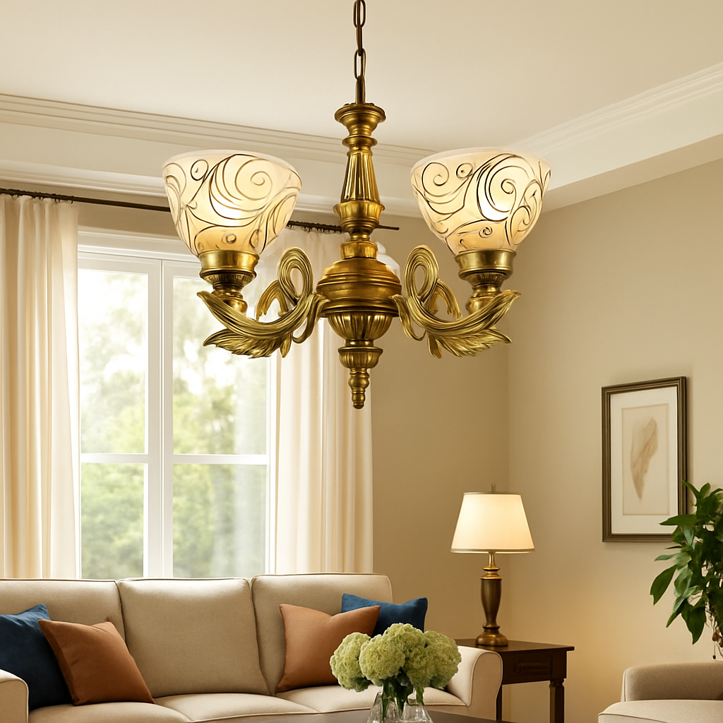 Homes Elite Classic 4 Light Brass Chandelier Vintage Swirl Glass Shades for Elegant Living & Dining Rooms