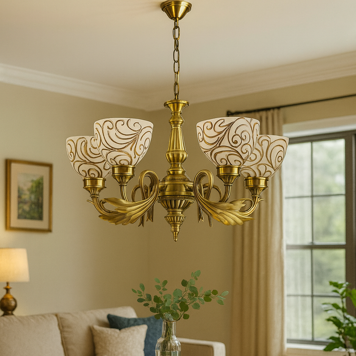 Homes Elite Classic 4 Light Brass Chandelier Vintage Swirl Glass Shades for Elegant Living & Dining Rooms
