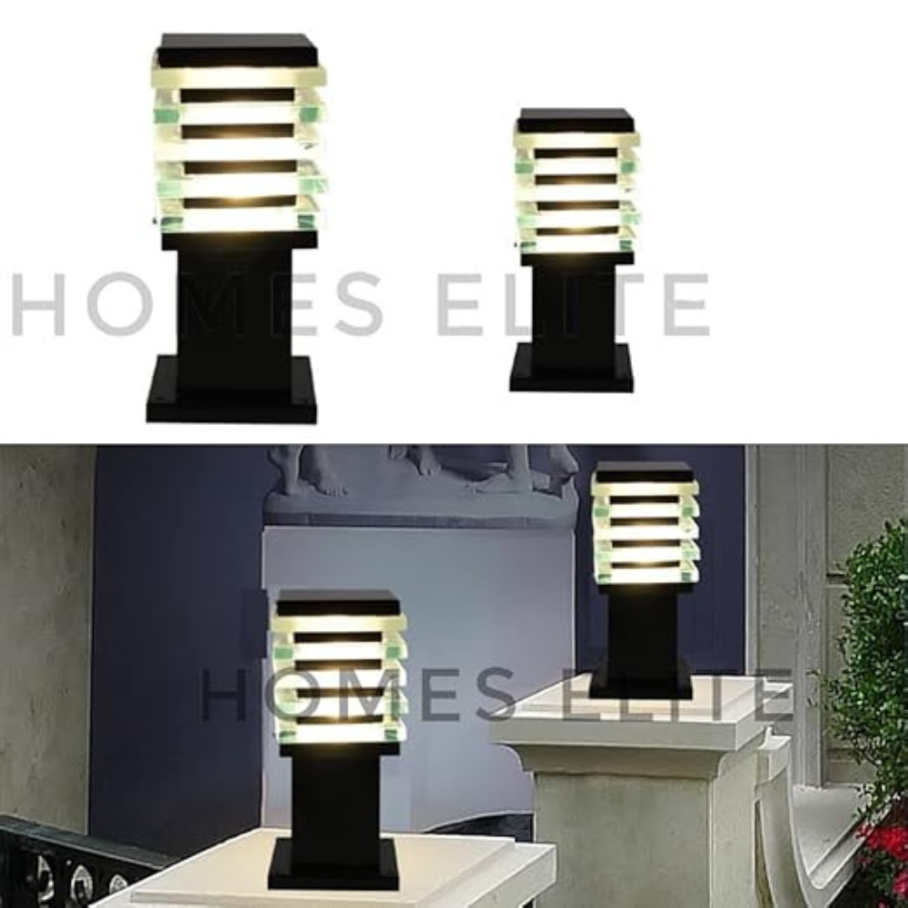Homes Elite Ice Cube Gate Light – Square Metal & Glass Outdoor Pillar Lamp, Waterproof Modern Post Fixture for Garden or Entryway