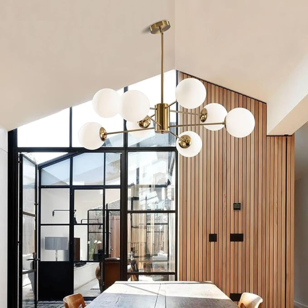 Homes Elite 8-Light Mid-Century Globe Chandelier – Gold Finish with White Glass Shades for Living & Dining Room