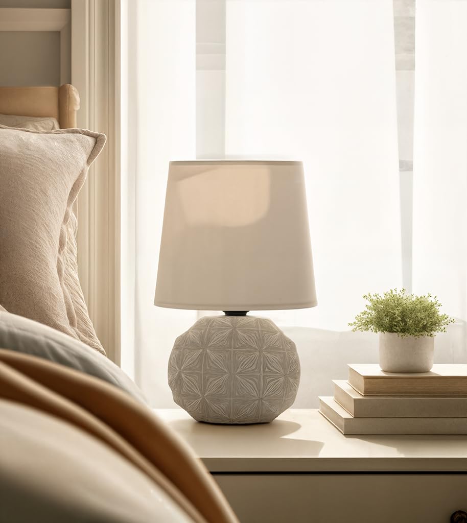 Homes Elite Textured Ceramic Table Lamp Soft Beige Shade with Embossed White Base for Serene Bedroom Decor