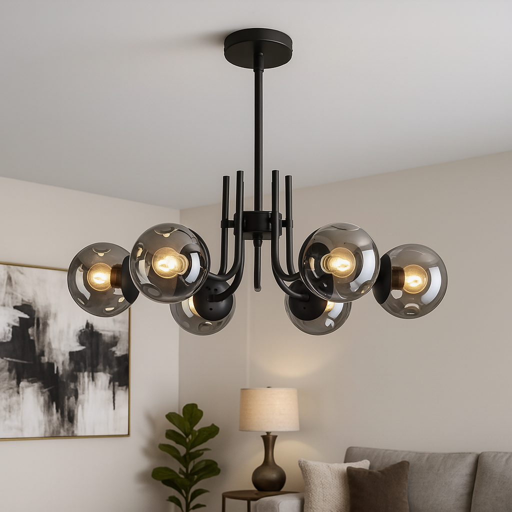 Homes Elite 6-Light Black Chandelier Modern Industrial Ceiling Fixture with Smoky Glass Globe Shades