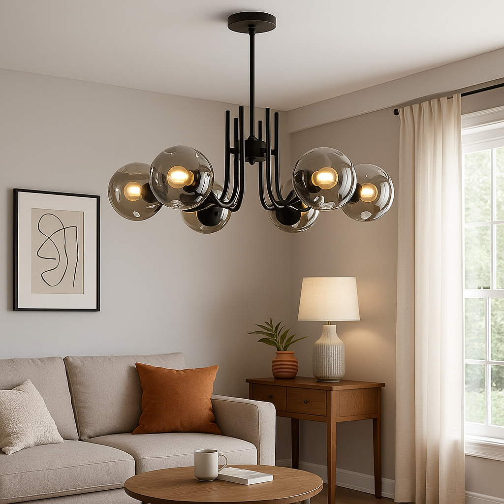 Homes Elite 6-Light Black Chandelier Modern Industrial Ceiling Fixture with Smoky Glass Globe Shades