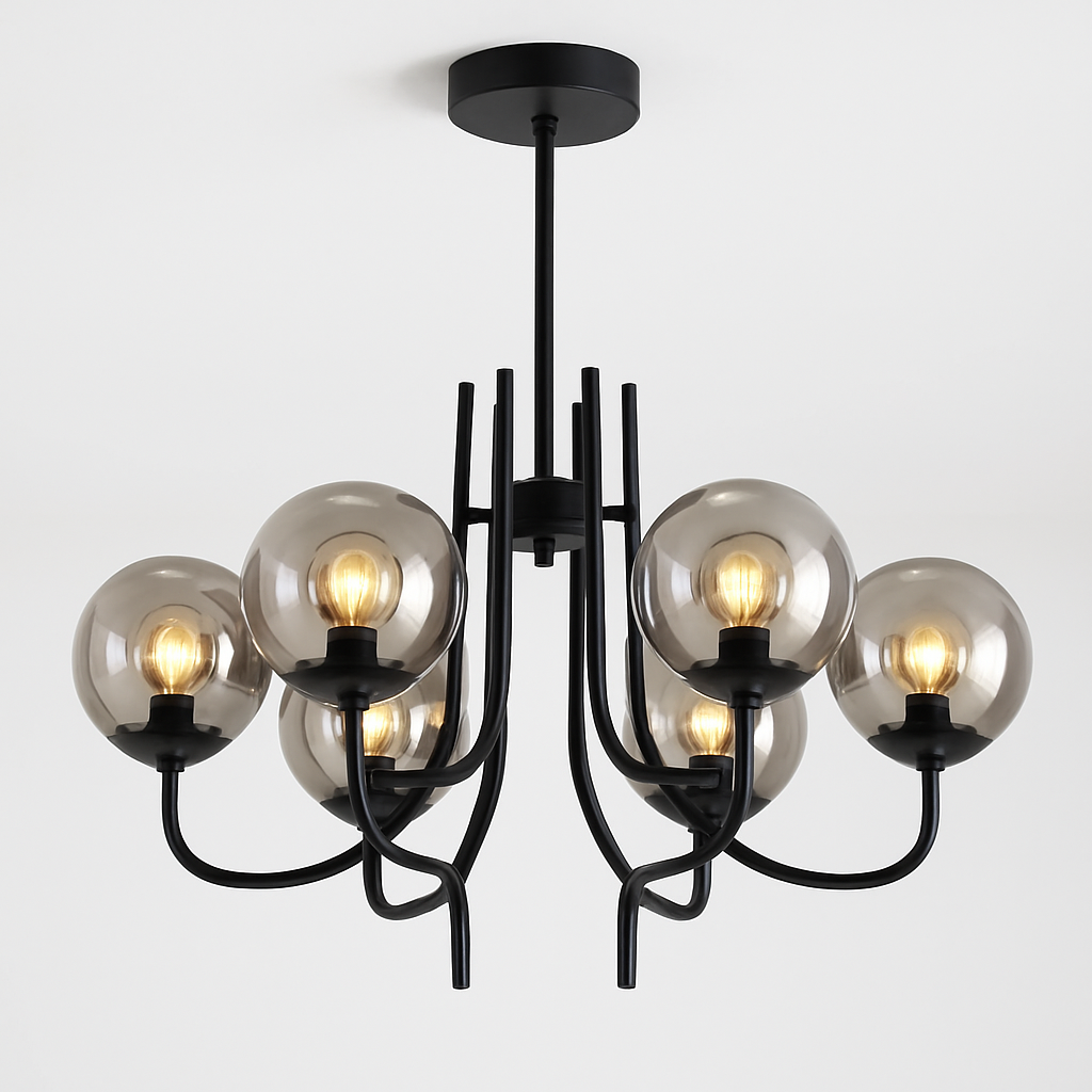 Homes Elite 6-Light Black Chandelier Modern Industrial Ceiling Fixture with Smoky Glass Globe Shades