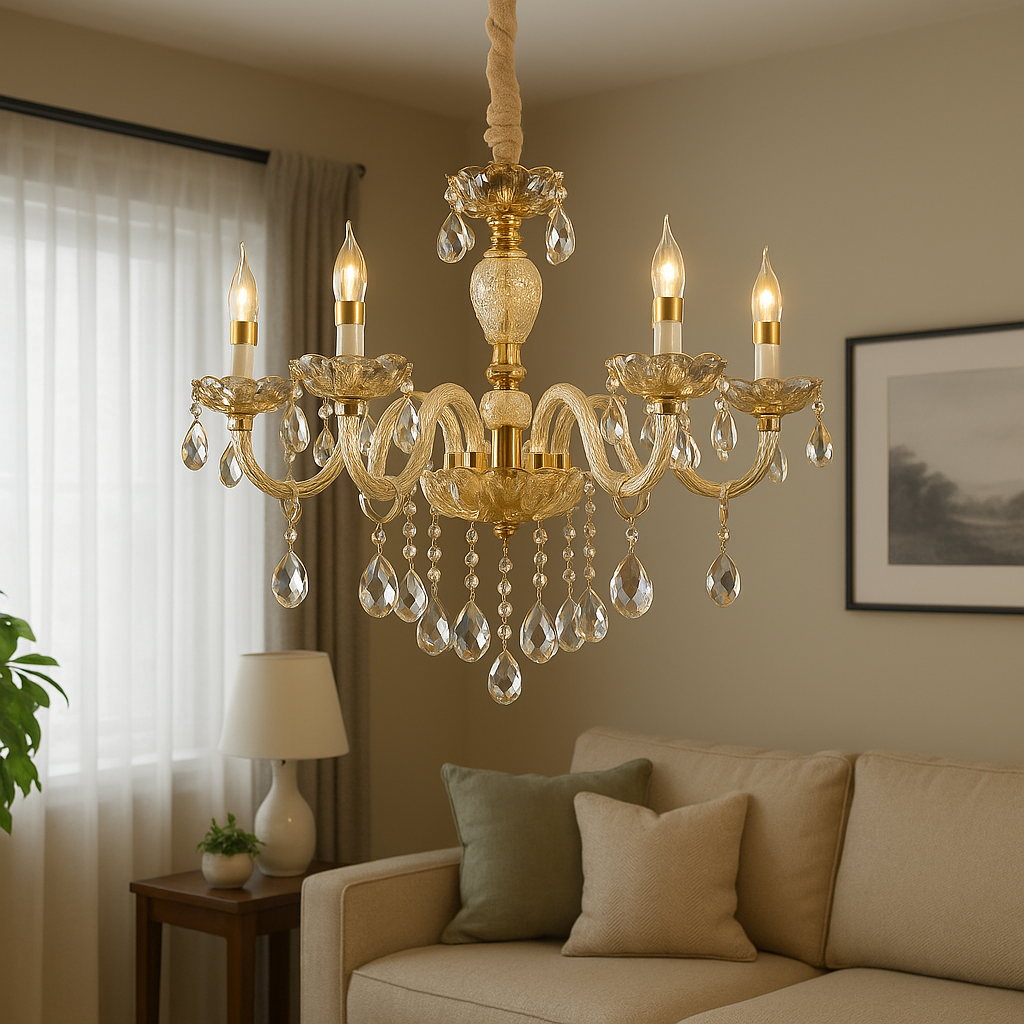 Homes Elite Elegant 6-Light Crystal Chandelier – Vintage Gold Finish with Teardrop Pendants