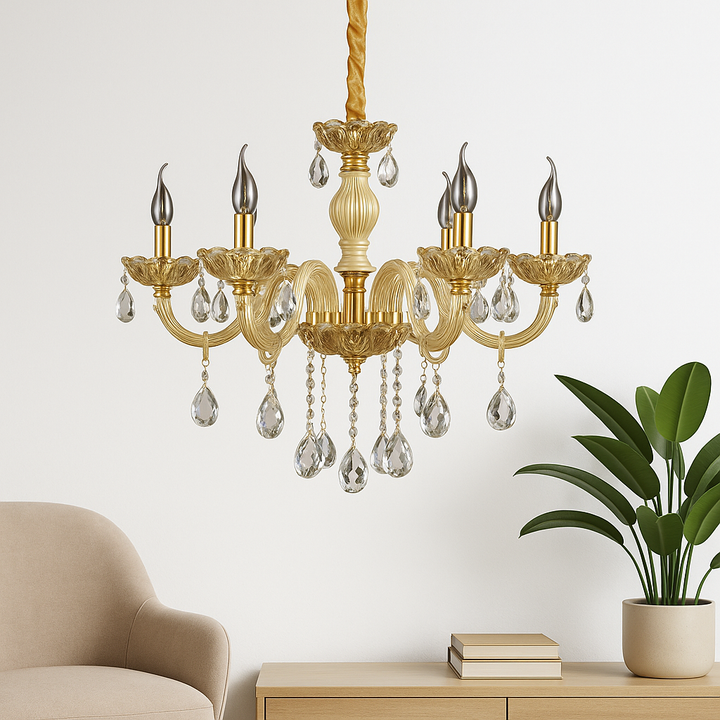 Homes Elite Elegant 6-Light Crystal Chandelier – Vintage Gold Finish with Teardrop Pendants