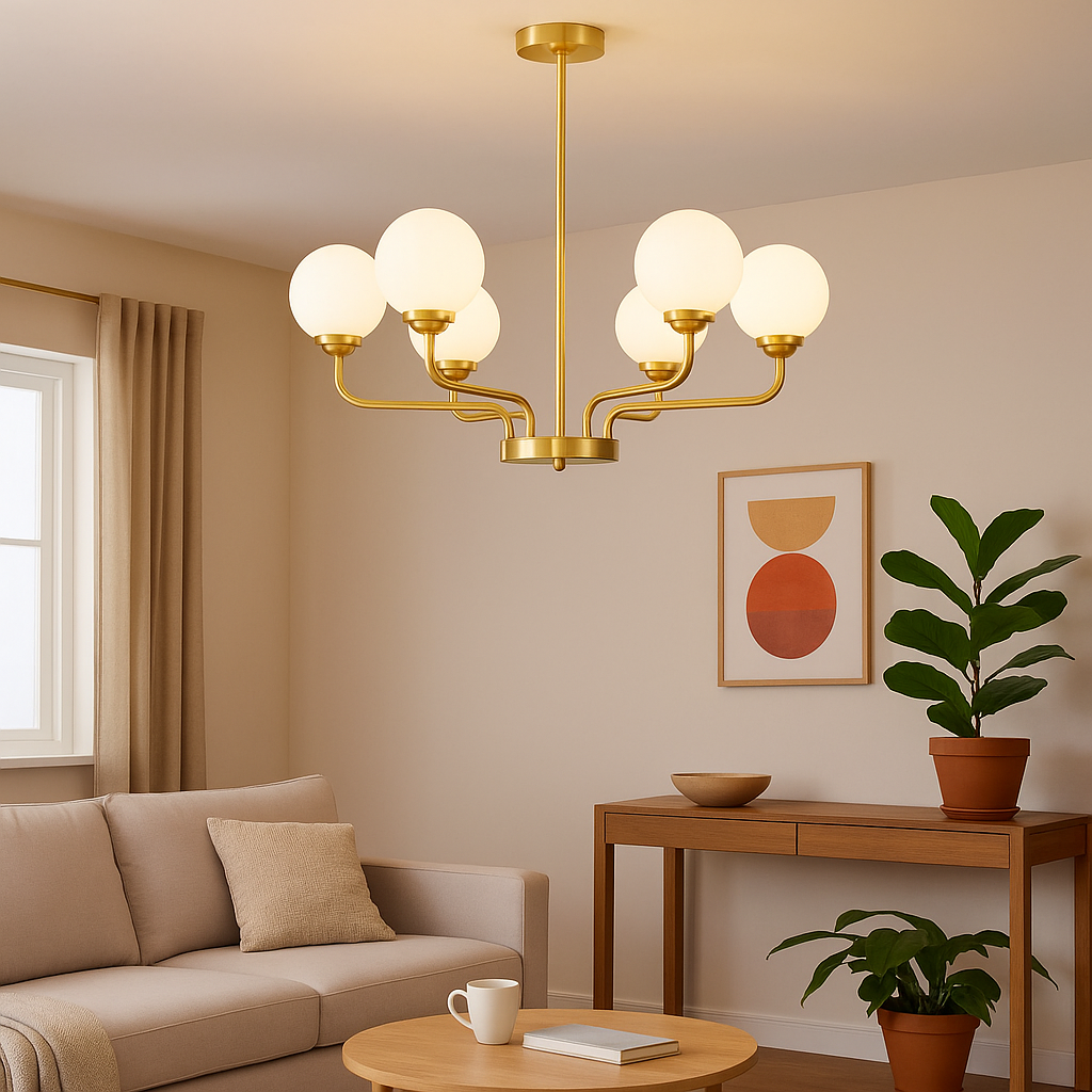 Homes Elite 6-Light Modern Brass Chandelier Mid-Century Globe Ceiling Light with Frosted Glass Shades