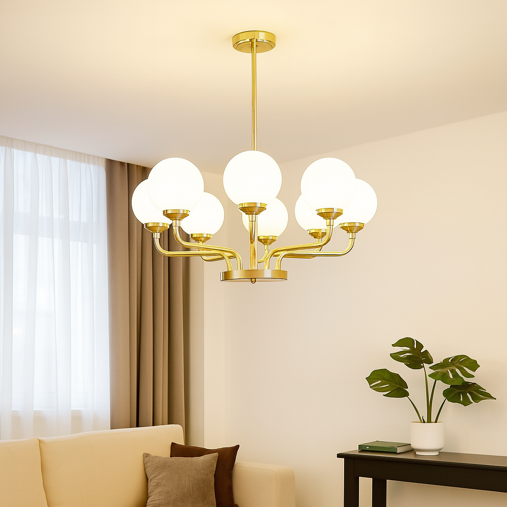 Homes Elite 6-Light Modern Brass Chandelier Mid-Century Globe Ceiling Light with Frosted Glass Shades