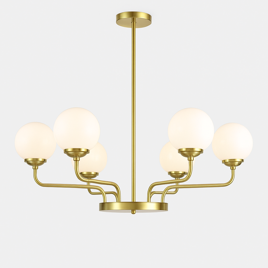 Homes Elite 6-Light Modern Brass Chandelier Mid-Century Globe Ceiling Light with Frosted Glass Shades