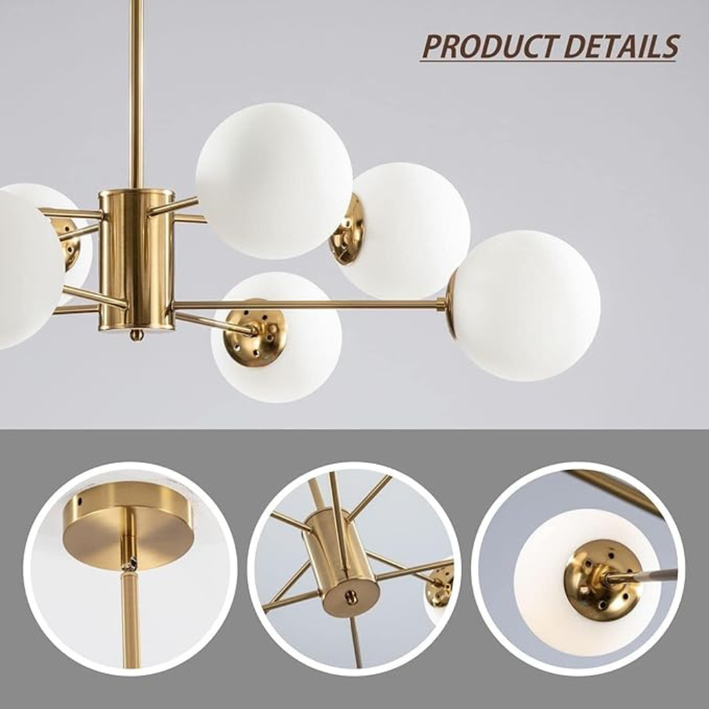 Homes Elite 8-Light Mid-Century Globe Chandelier – Gold Finish with White Glass Shades for Living & Dining Room