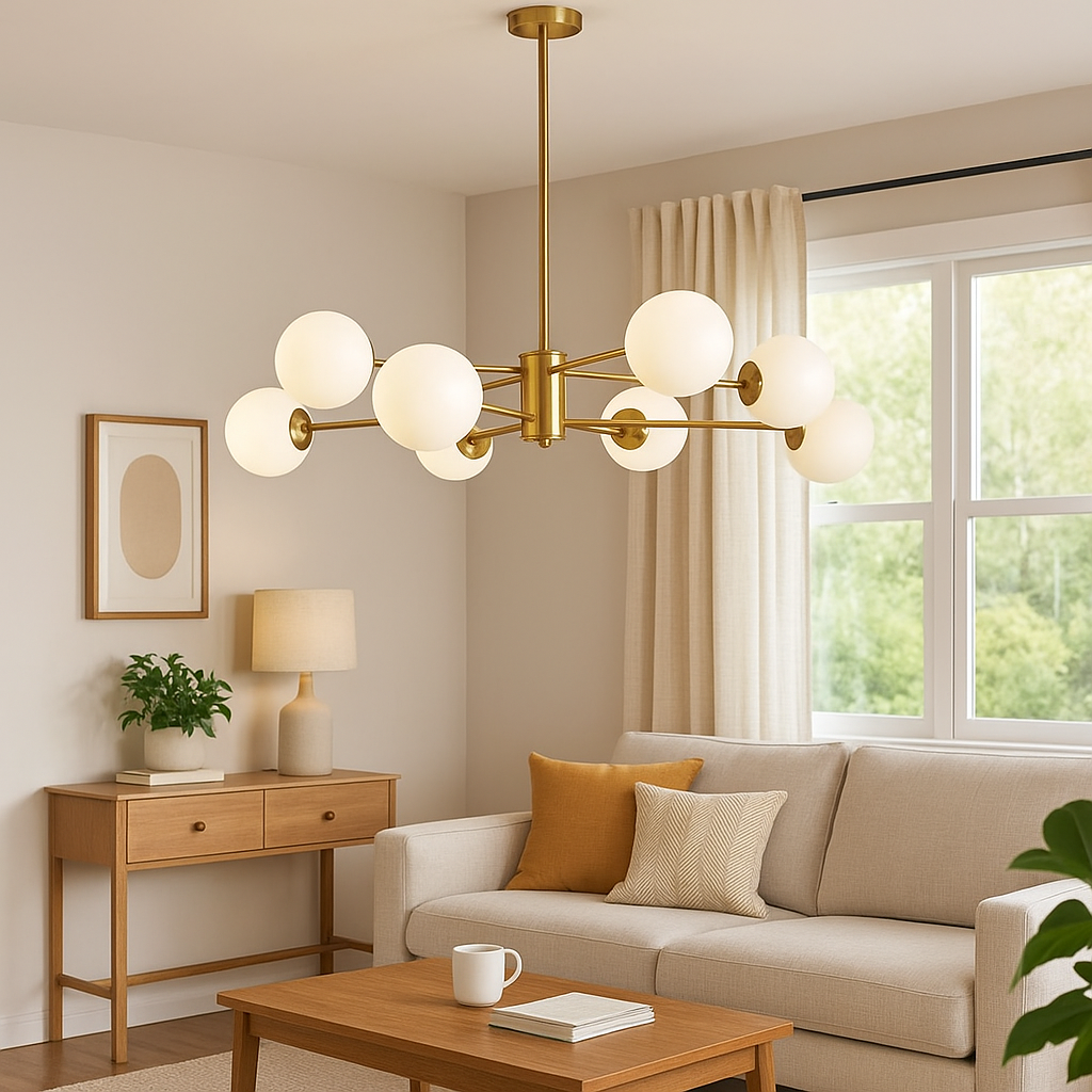 Homes Elite 8-Light Brass Chandelier Modern Mid-Century Globe Ceiling Light with Frosted Glass Shades