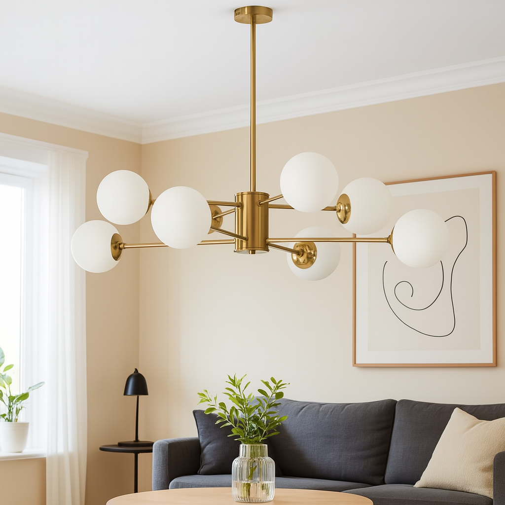 Homes Elite 8-Light Brass Chandelier Modern Mid-Century Globe Ceiling Light with Frosted Glass Shades