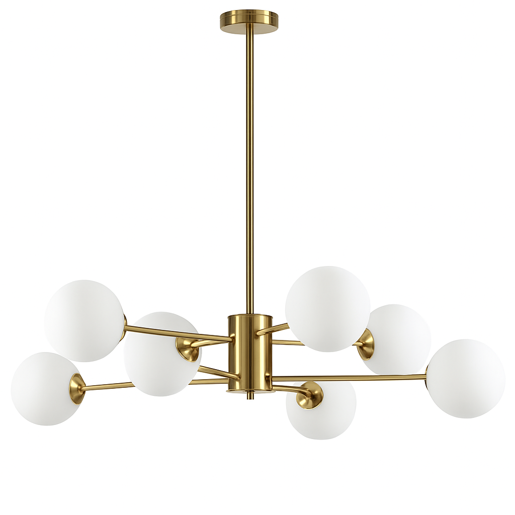 Homes Elite 8-Light Brass Chandelier Modern Mid-Century Globe Ceiling Light with Frosted Glass Shades