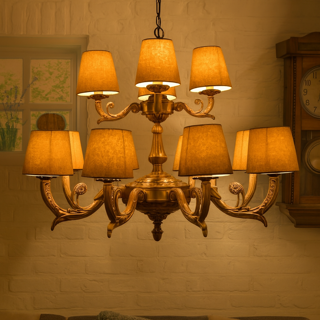 Homes Elite Traditional 8-Light Chandelier with Fabric Shades Antique Brass Finish for Cozy Vintage Interiors