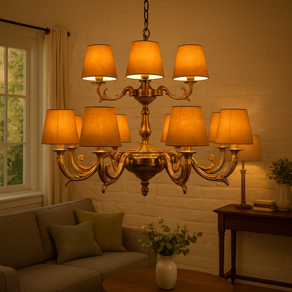 Homes Elite Traditional 8-Light Chandelier with Fabric Shades Antique Brass Finish for Cozy Vintage Interiors