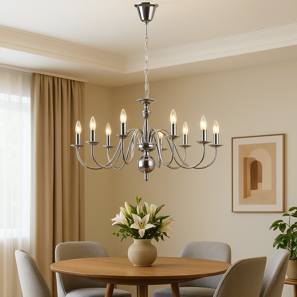 Homes Elite Modern 8-Light Chrome Chandelier Sleek Minimalist Design for Contemporary Living Spaces
