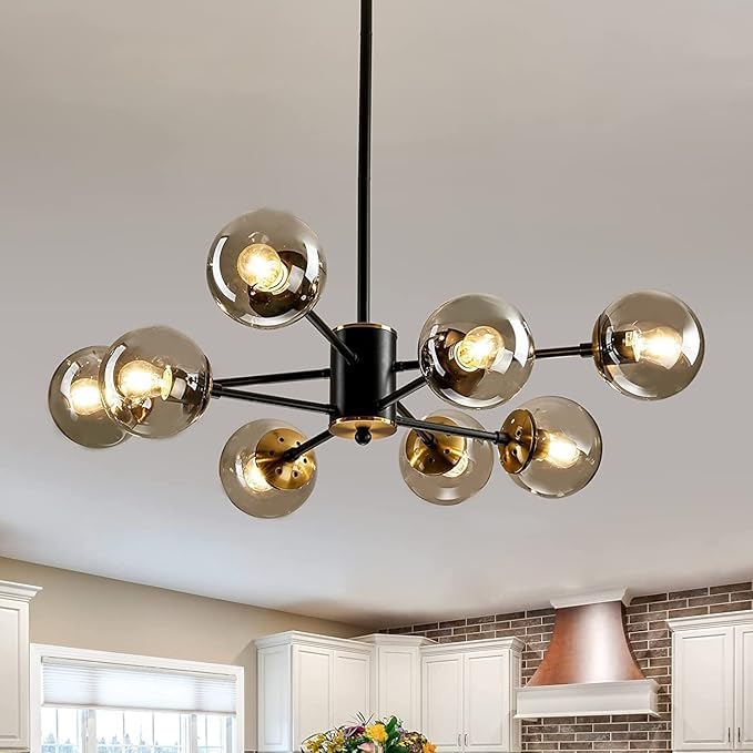 Homes Elite 8-Light Modern Sputnik Chandelier Black Metal Frame with Smoky Glass Globe Shades for Living Room, Dining, and Entryway