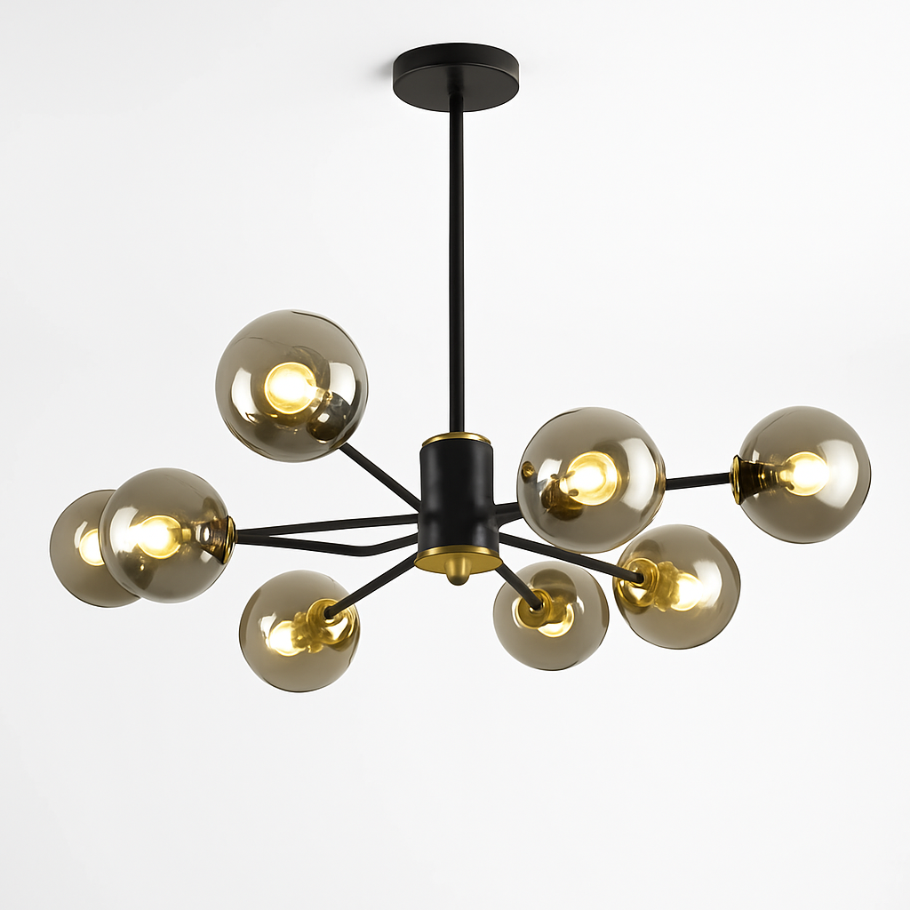 Homes Elite 8-Light Modern Sputnik Chandelier Black Metal Frame with Smoky Glass Globe Shades for Living Room, Dining, and Entryway