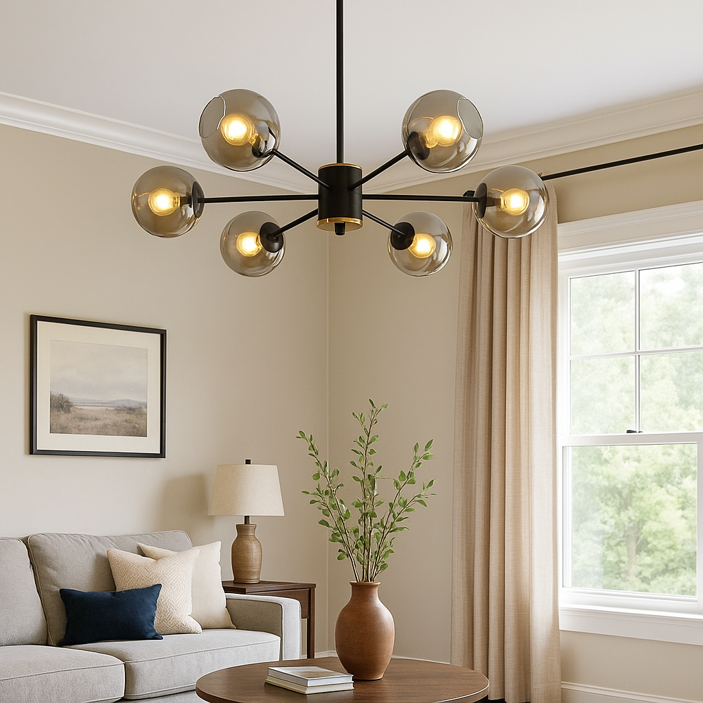 Homes Elite 8-Light Modern Sputnik Chandelier Black Metal Frame with Smoky Glass Globe Shades for Living Room, Dining, and Entryway