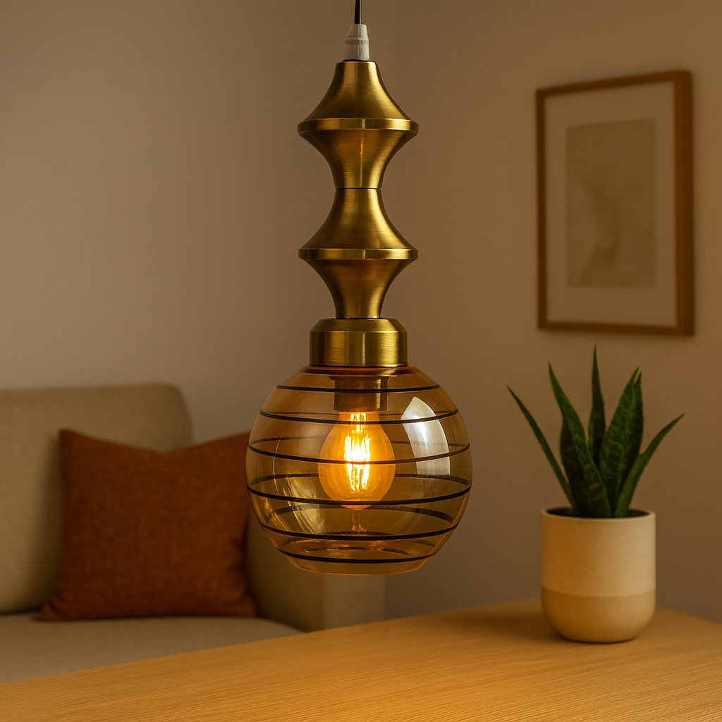 Homes Elite Vintage Brass & Amber Glass Pendant Light Mid-Century Modern Hanging Lamp for Living Room or Dining Area