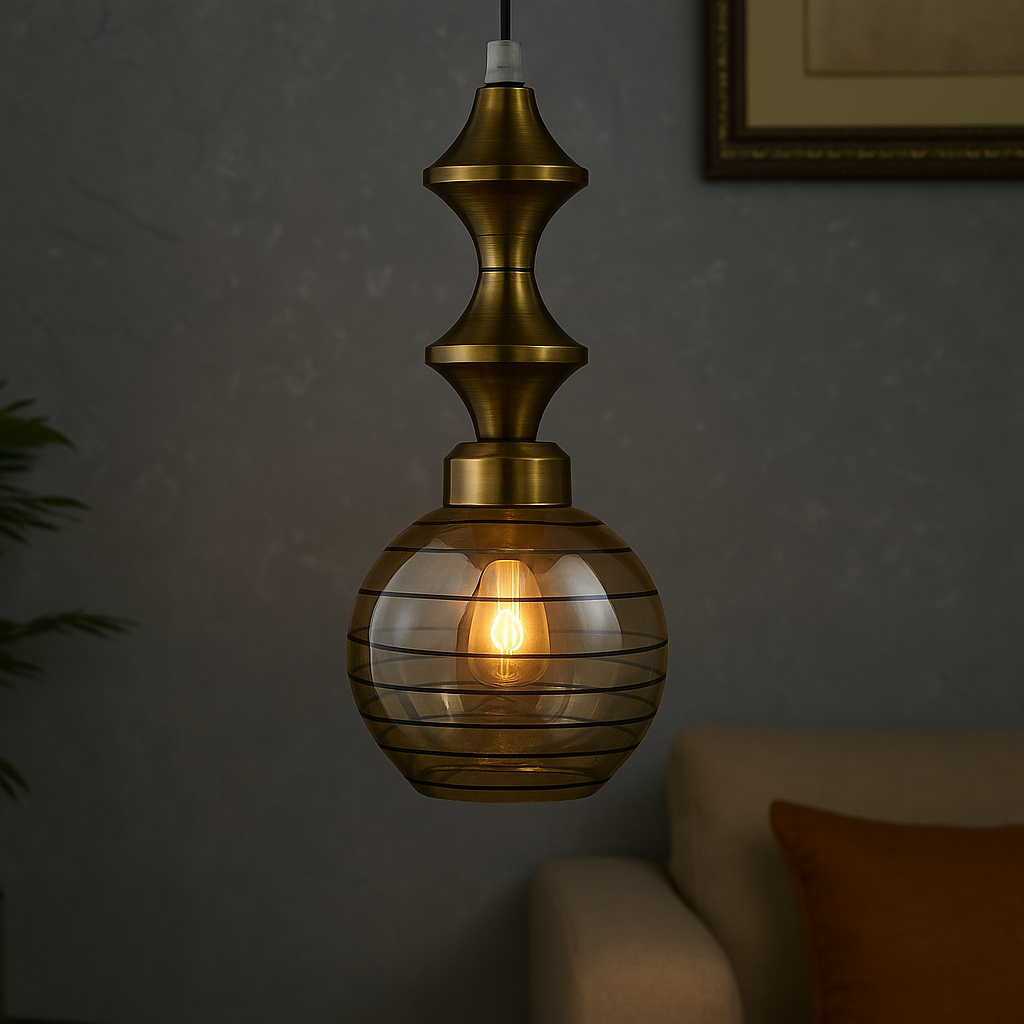 Homes Elite Vintage Brass & Amber Glass Pendant Light Mid-Century Modern Hanging Lamp for Living Room or Dining Area