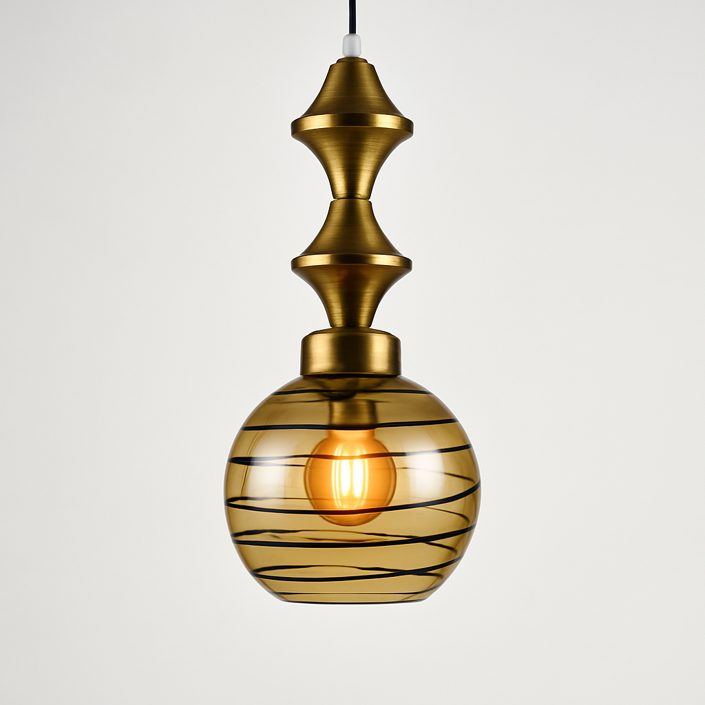 Homes Elite Vintage Brass & Amber Glass Pendant Light Mid-Century Modern Hanging Lamp for Living Room or Dining Area