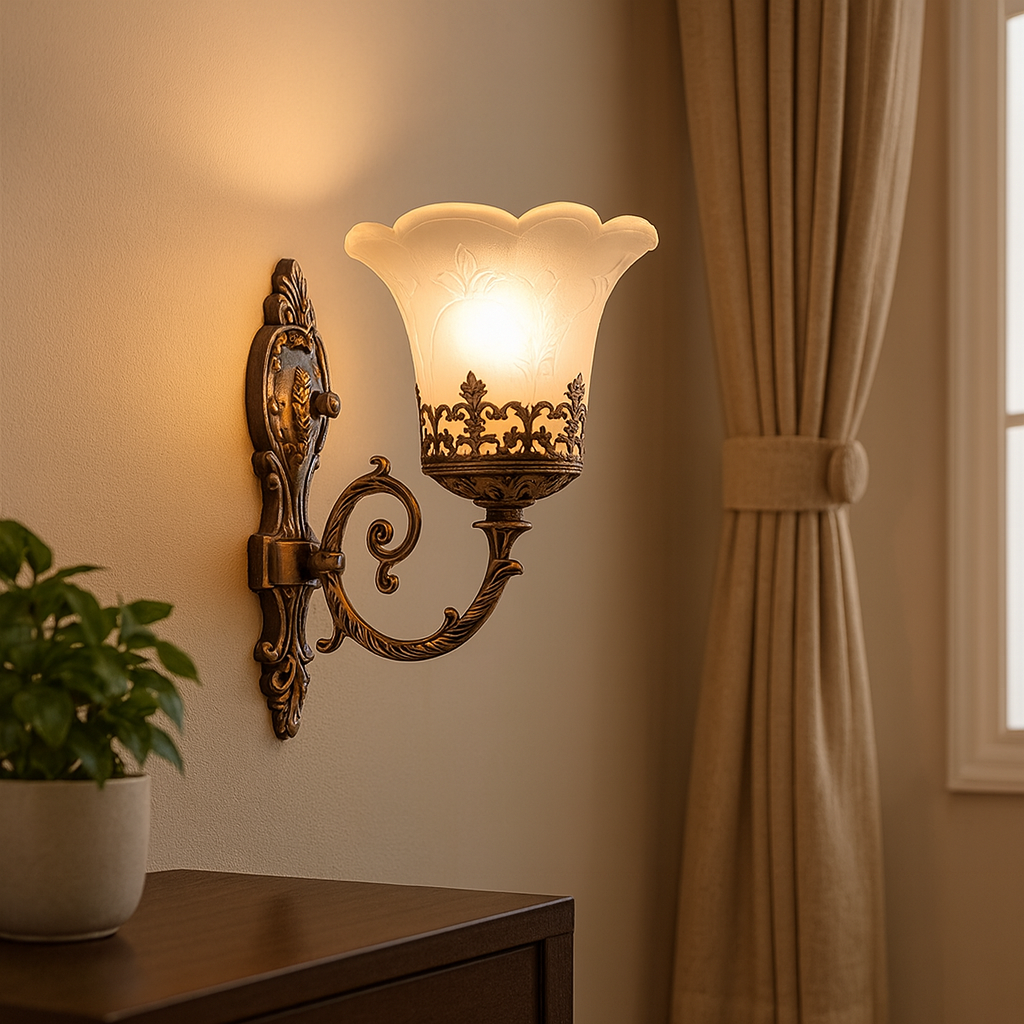 Homes Elite Antique Brass Wall Sconce with Frosted Glass Floral Shade