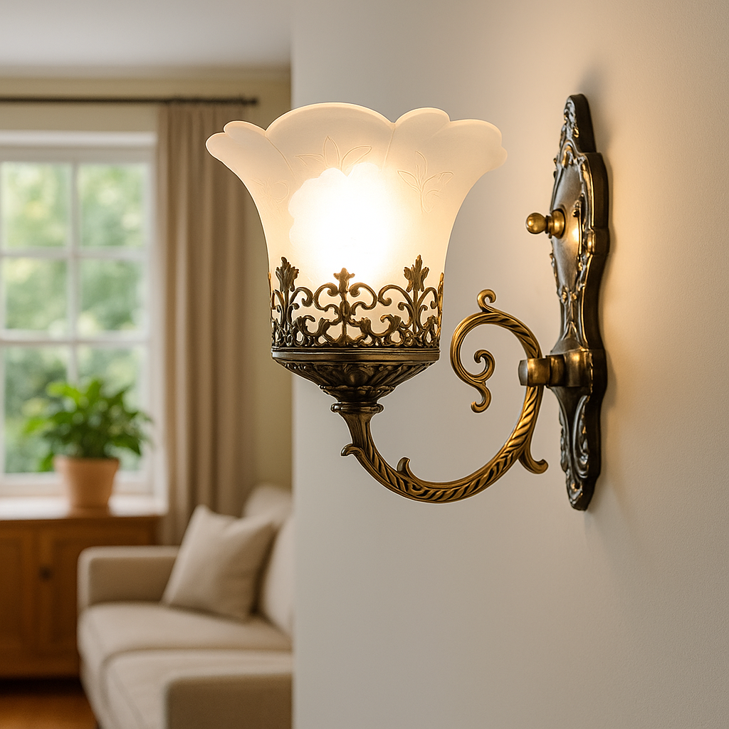 Homes Elite Antique Brass Wall Sconce with Frosted Glass Floral Shade