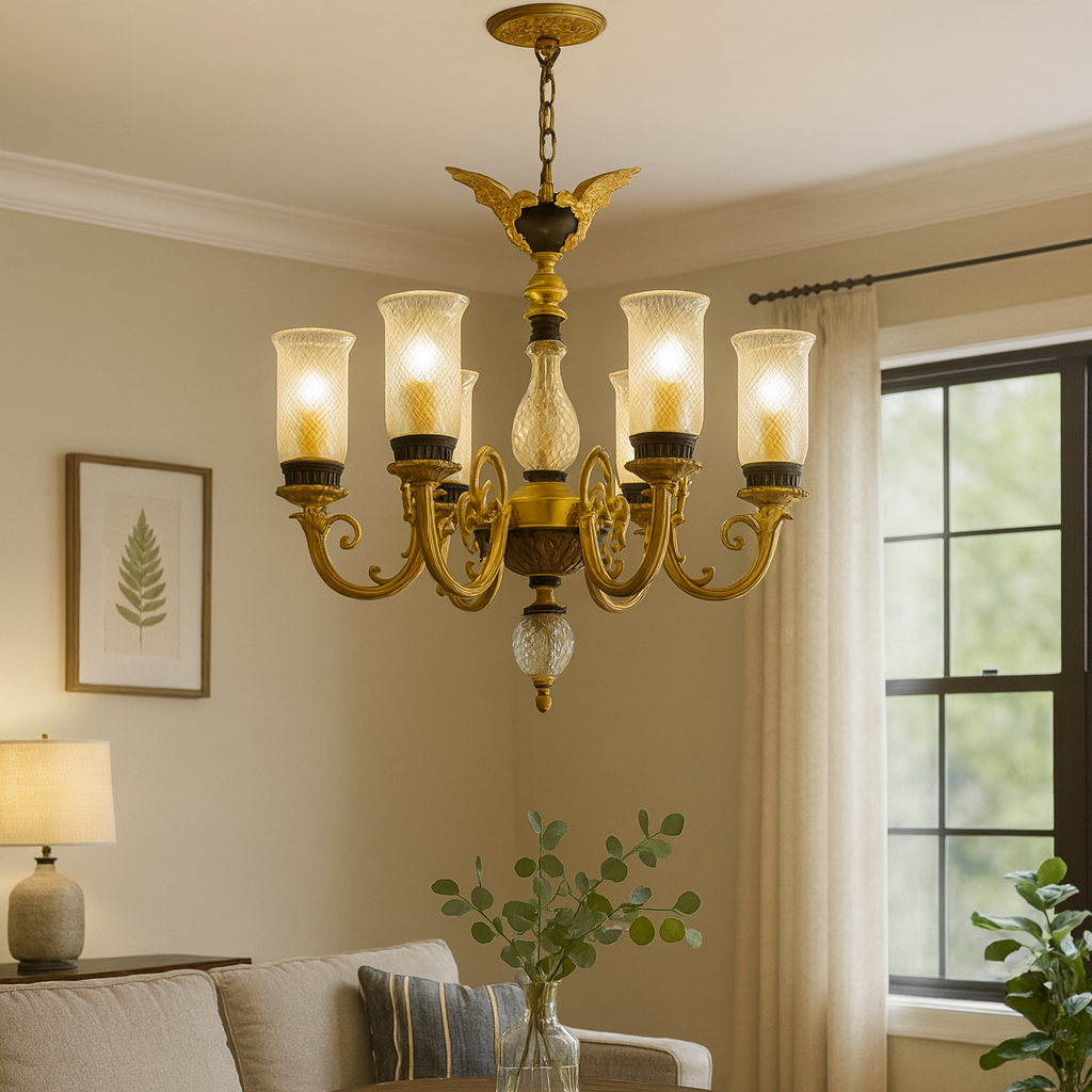 Homes Elite Antique Gold 6-Light Chandelier Classic Glass Shade Pendant for Traditional Living & Dining Rooms