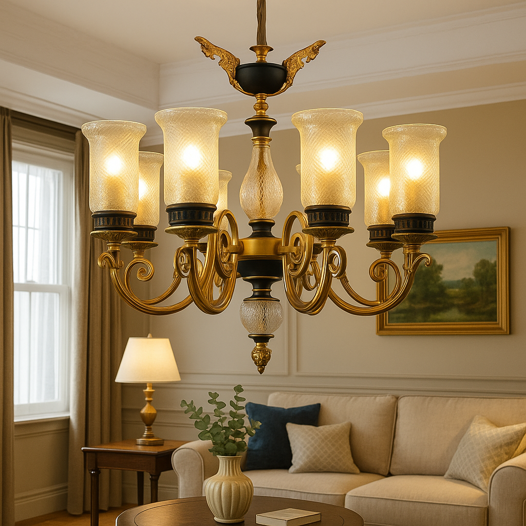 Homes Elite Antique Gold 6-Light Chandelier Classic Glass Shade Pendant for Traditional Living & Dining Rooms
