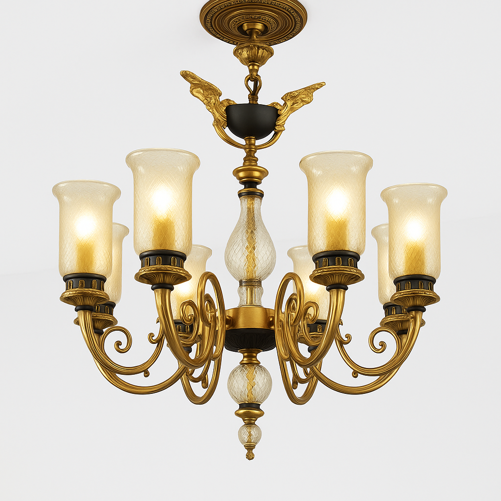 Homes Elite Antique Gold 6-Light Chandelier Classic Glass Shade Pendant for Traditional Living & Dining Rooms