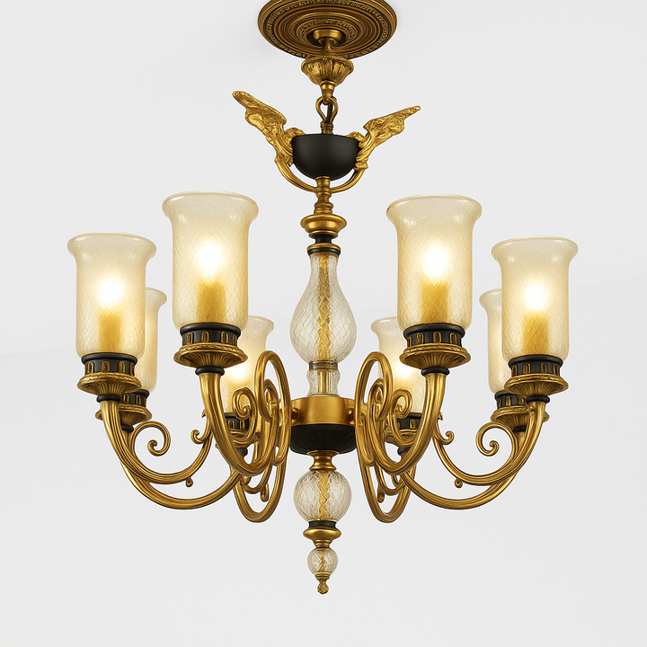 Homes Elite Antique Gold 6-Light Chandelier Classic Glass Shade Pendant for Traditional Living & Dining Rooms
