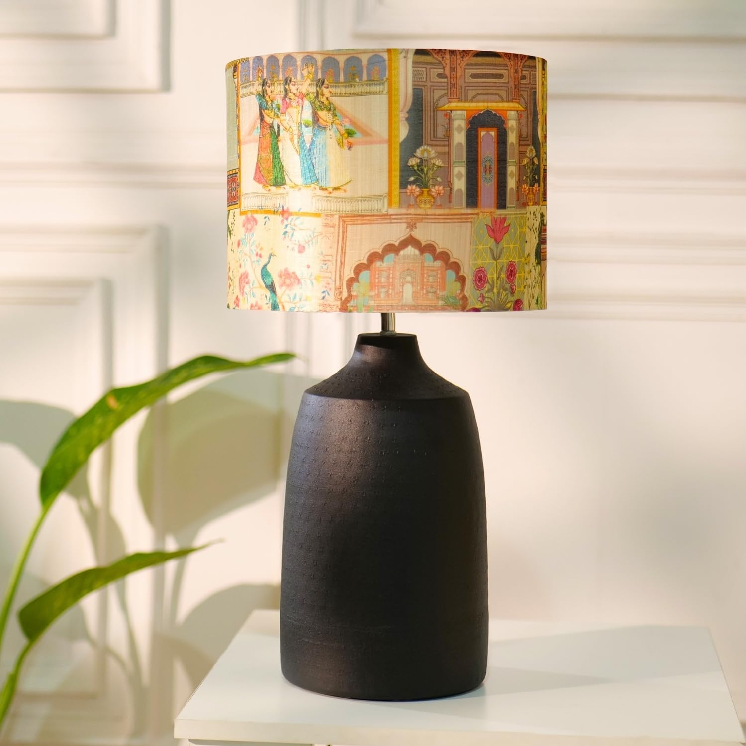 Homes Elite Artisanal Table Lamp with Handcrafted Printed Shade Warm Ambient Lighting for Living Room & Bedroom