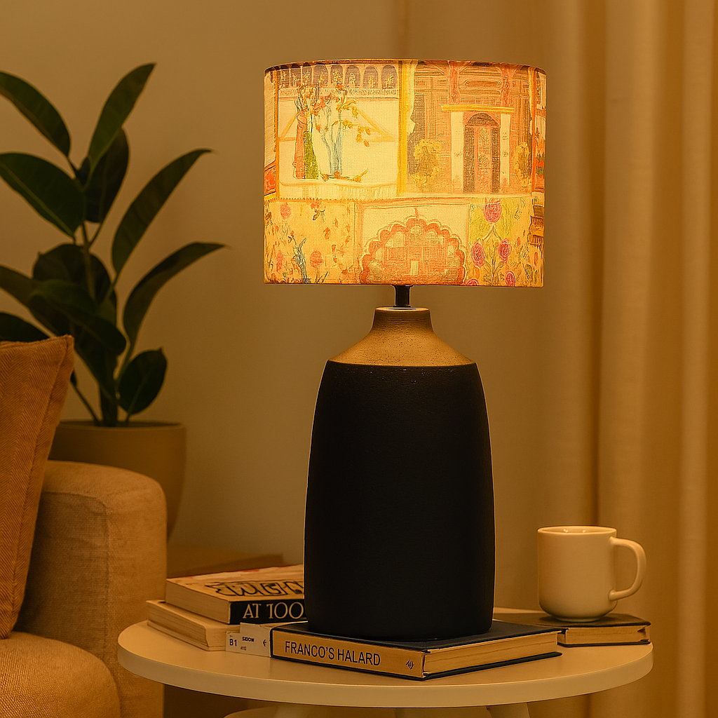 Homes Elite Artisanal Table Lamp with Handcrafted Printed Shade Warm Ambient Lighting for Living Room & Bedroom