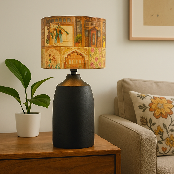 Homes Elite Artisanal Table Lamp with Handcrafted Printed Shade Warm Ambient Lighting for Living Room & Bedroom